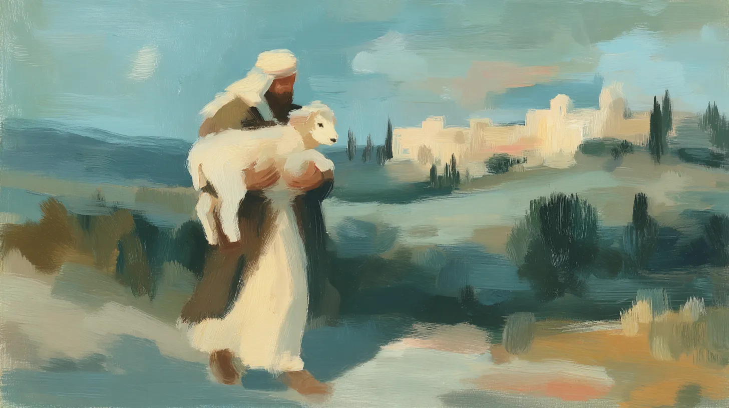 A painting of a shepherd carrying a lamb toward a hillside town.